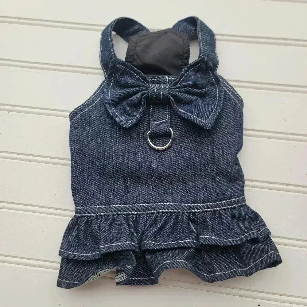 Set Of 2 Cute Bow Pet Dog Dress Harness Tulle Jean Blue Pink Bow Pink Sz M